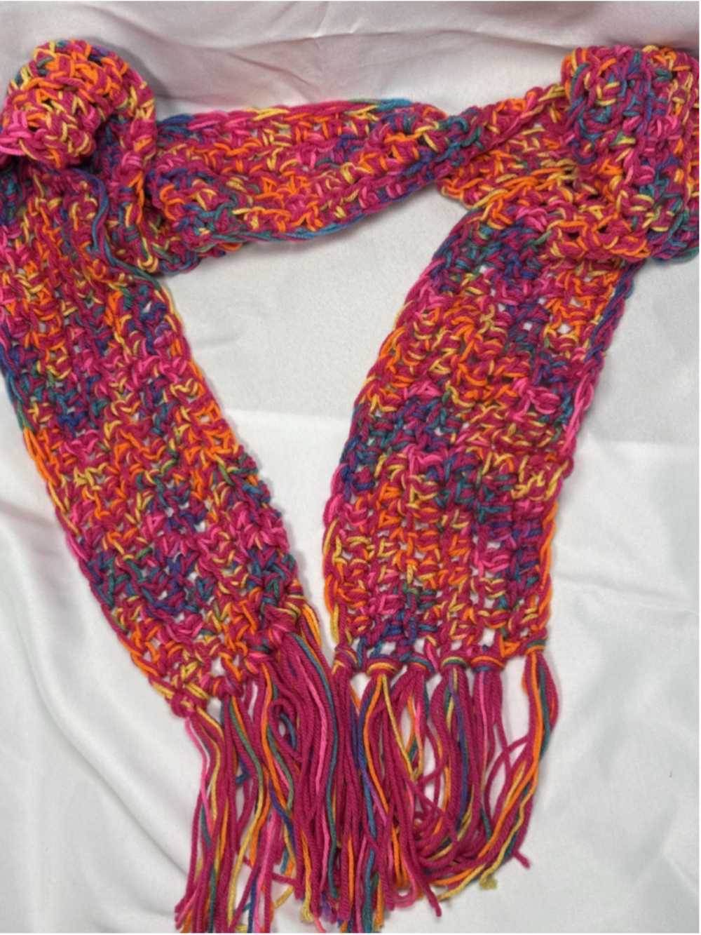 Women’s Hand-Crocheted Scarf, Multi Colors, W 5.5” X L 91” Tassle Ends